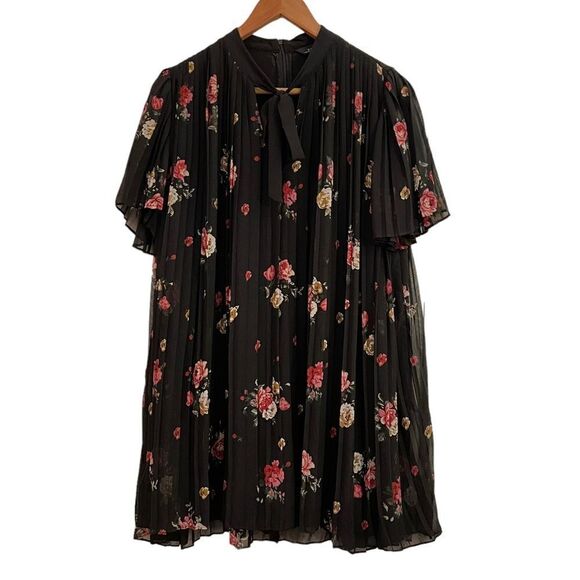 Zara Black Floral Relaxed Pleated Over Dress Romper with Bow Tie Front Detail S - Picture 2 of 7